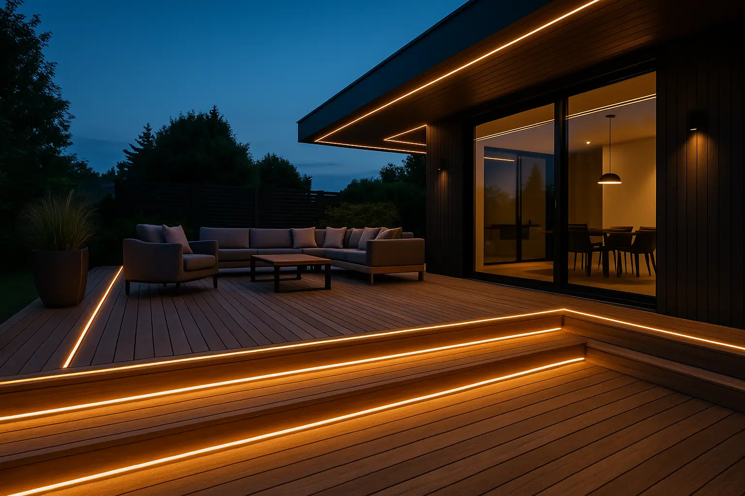 Modern deck with integrated LED strips as mood lighting