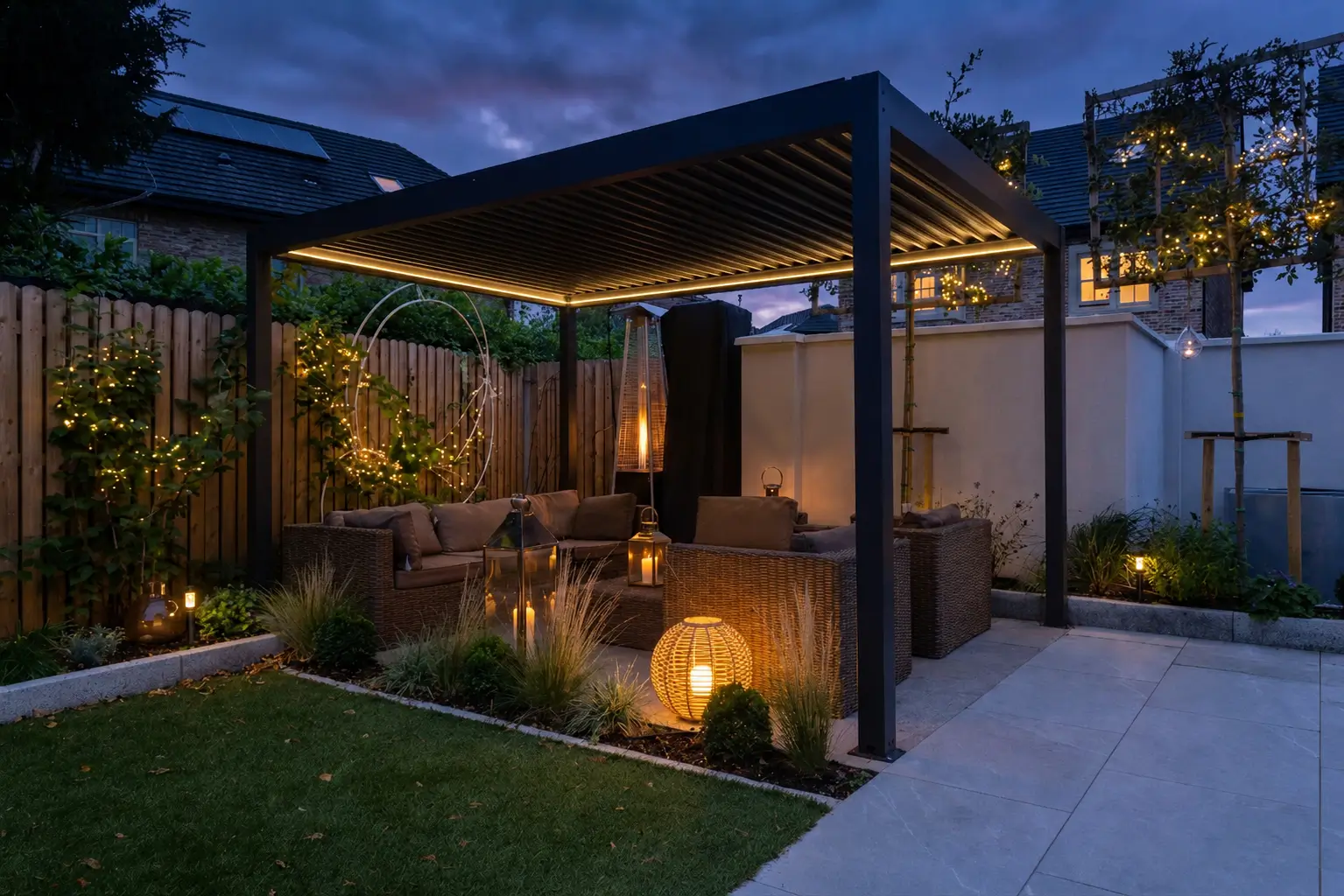 Deck at dusk with separately lit dining and lounge zones