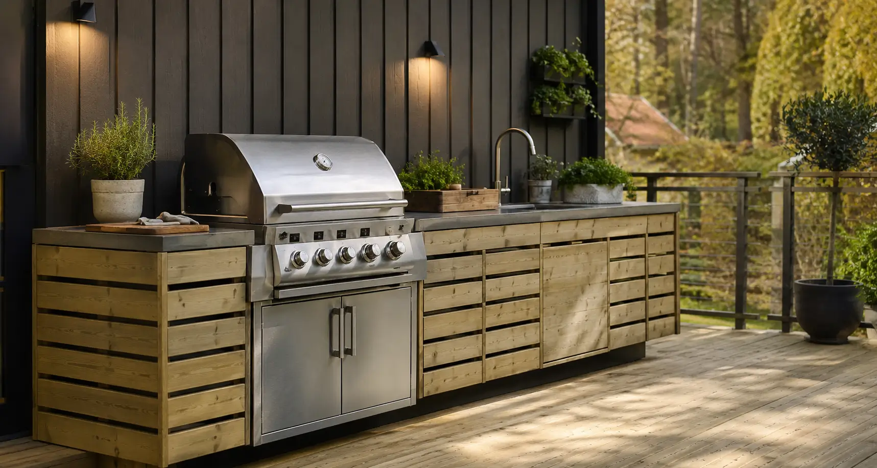 A deck with a grill station and outdoor kitchen zone