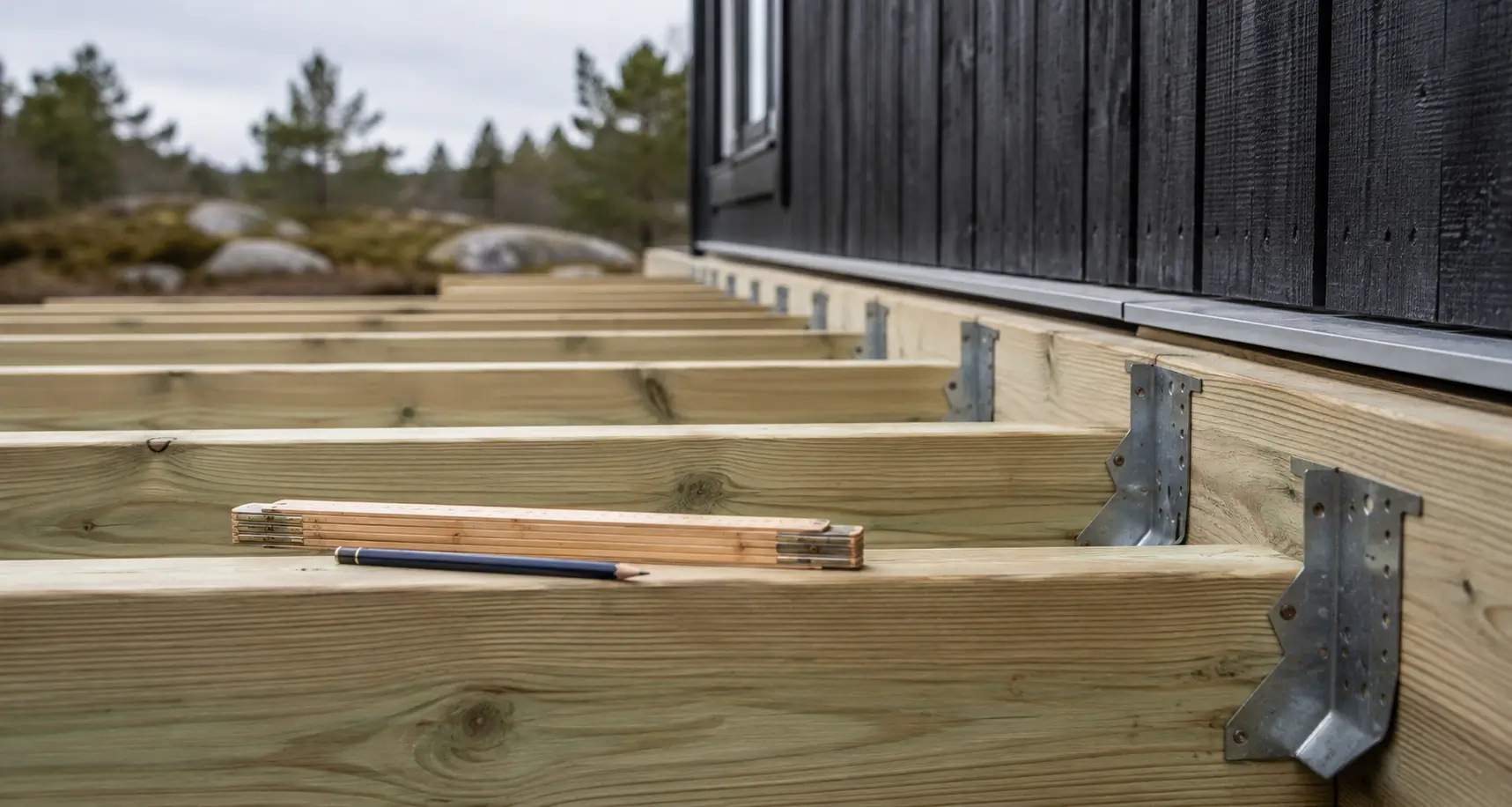 Deck framing and support members before the deck boards are installed